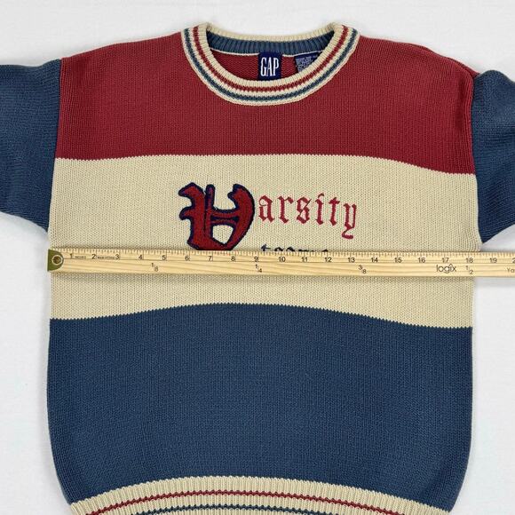 Gap Kids Vintage 80s Varsity Teams Knit Sweater Large Red Beige Blue 100% Cotton - Picture 8 of 9